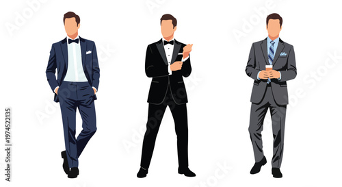 Collection set vector flat style of 3 men wearing stylish party outfits in confident poses, fashionable nightlife characters isolated on clean background for celebration and entertainment concepts