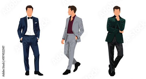 Collection set vector flat style of 3 men wearing stylish party outfits in confident poses, fashionable nightlife characters isolated on clean background for celebration and entertainment concepts