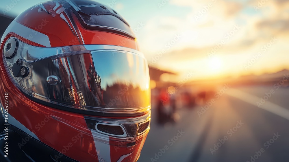 Fototapeta premium Close-up of a racing helmet visor reflecting the setting sun over a racetrack, with a blurred pit stop background and soft golden lighting.