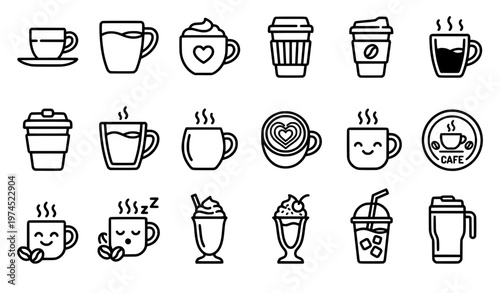 Cute coffee cup outline icon set with espresso latte cappuccino and takeaway drink symbols minimal vector
