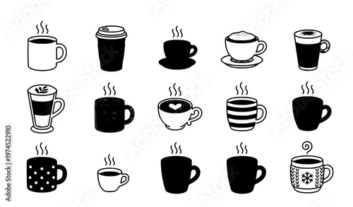 Cute coffee cup line icon set with hot drink mugs takeaway cups and smiling cafe symbols vector