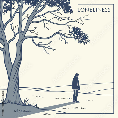 Silhouette of a person standing under a large tree, conveying loneliness