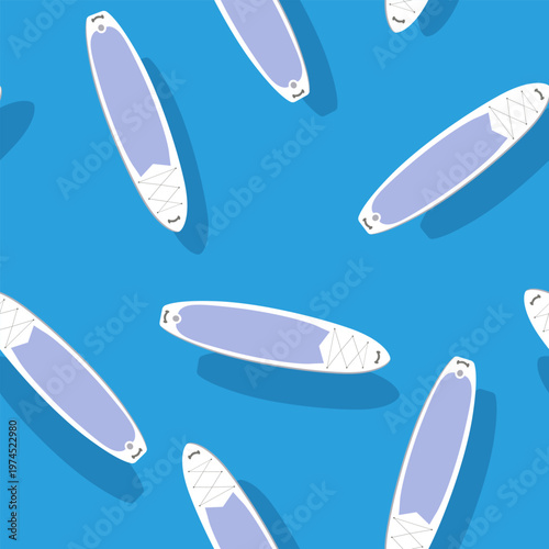 Multiple sup boards seamless pattern on sea blue background. Paddle board