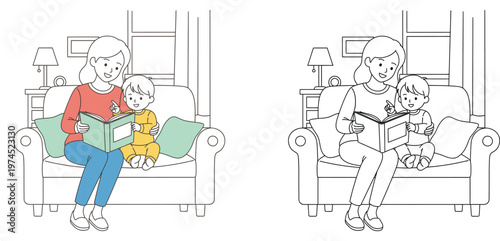 Mother Reading Book to Child on Sofa, Colored Illustration and Line Art Set, Family Education and Storytelling Concept, Kids Coloring Book Page, Parent and Toddler Bonding, Flat Vector