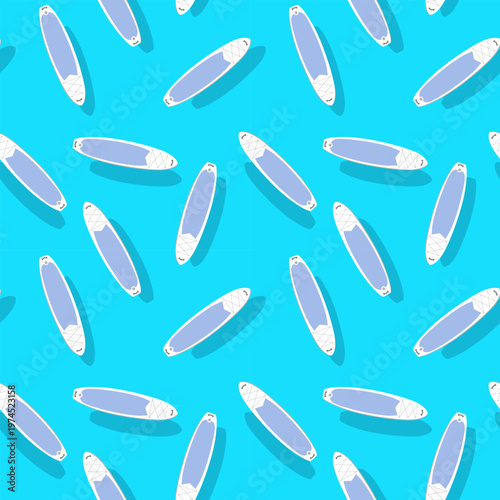 Multiple white sup boards seamless pattern on vibrant sea blue background. Paddle board