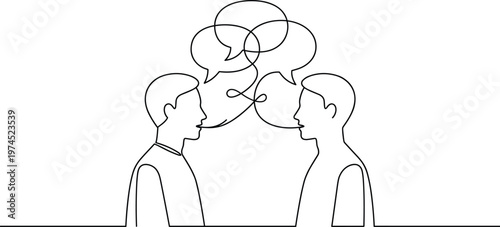 Two people talking with overlapping speech bubbles communication concept line art vector illustration for dialogue conversation and interaction