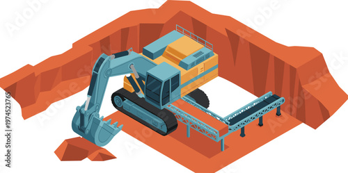 Isometric Mining Excavation Scene with Excavator and Conveyor Belt Industrial Vector Illustration