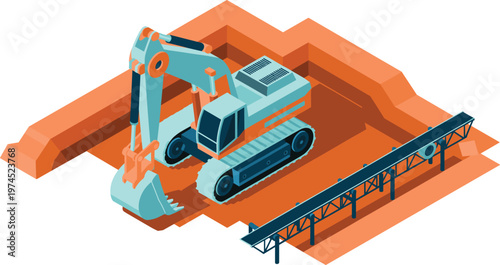 Isometric Mining Excavator and Conveyor Belt System in Open Pit Quarry Vector Illustration