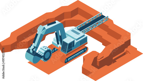 Isometric Mining Excavator with Conveyor System in Open Pit Quarry Vector Illustration for Industry Use