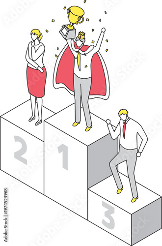 表彰台で優勝トロフィーを掲げるビジネスマンのアイソメトリック線画イラスト（赤）