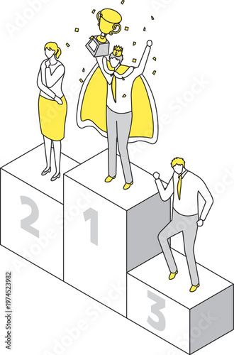 表彰台で優勝トロフィーを掲げるビジネスマンのアイソメトリック線画イラスト