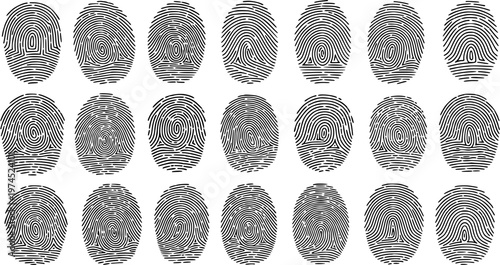 Black and White Line Art Fingerprint Icons, Identity Security and Biometrics, Technology and Data Protection