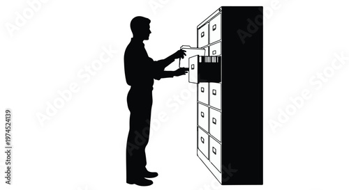 Businessman opening mailbox, retrieving letter, office mail, corporate communication, professional workspace