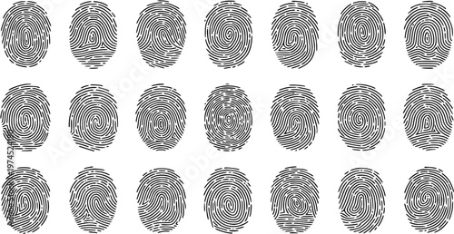 Black and White Line Art Collection of Diverse Fingerprint Patterns for Security and Identity Concepts