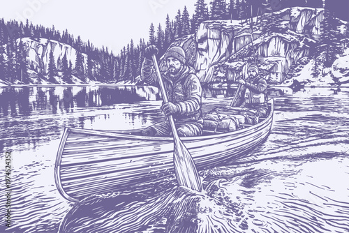 Vector engraving illustration of two men paddling a canoe on a calm forest lake surrounded by pine trees and mountains. Vintage wilderness adventure art.