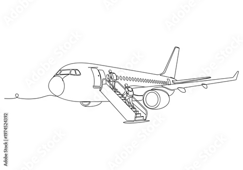 Passenger airplane boarding with stairs on airport runway