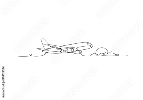 Passenger airplane taking off from runway with clouds