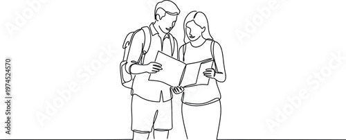 Two students studying together reading book with backpacks education concept line art vector illustration for learning and academic life