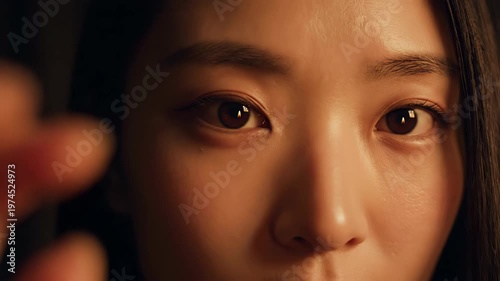 Close-up of a young Asian womans face, her eyes opening and closing, with a hand reaching towards the camera.