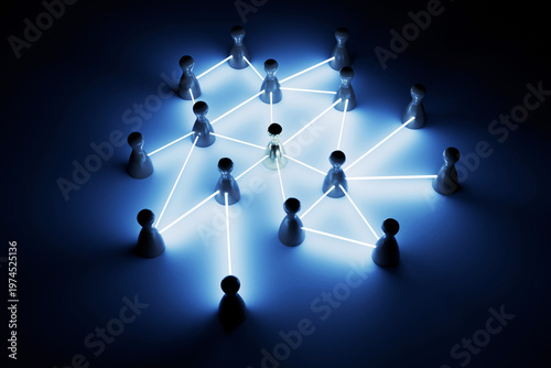 glowing digital network of human-shaped icons connected by bright blue light beams. A central golden figure represents leadership, influence, and the core of a professional social community
