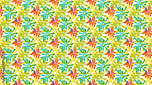 Vibrant colorful stylized flowers form a busy intricate repeating pattern.