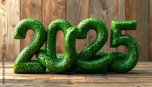 A digital rendering displaying the numerical designation of the year 2025, styled to resemble green snakes, set against a weathered wood backdrop