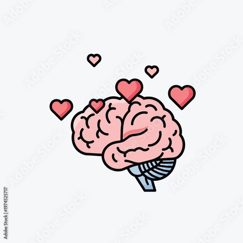 Brain with floating hearts illustration.