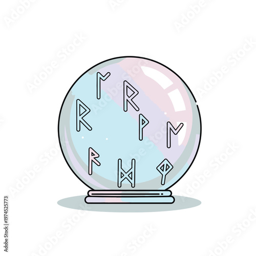Crystal ball with runes on stand.