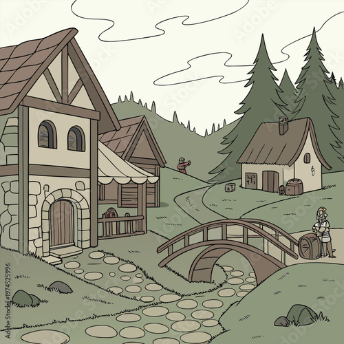 Quaint medieval village with bridge and stream village life medieval historic