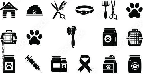 Black silhouette icons representing various pet care and animal related items and services