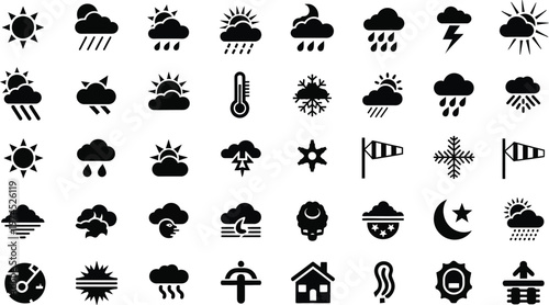 Weather icons set a comprehensive collection of atmospheric conditions and meteorological symbols in black and white