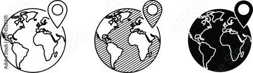 Three stylized earth pendants a progression from outline to hatching to solid black