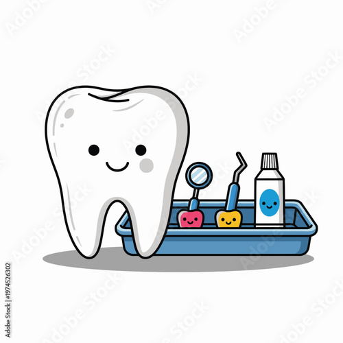 Smiling cartoon tooth with dental tools 2.
