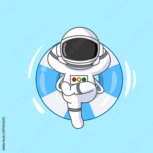 Cartoon astronaut relaxing in an inflatable ring Vector Illustration 