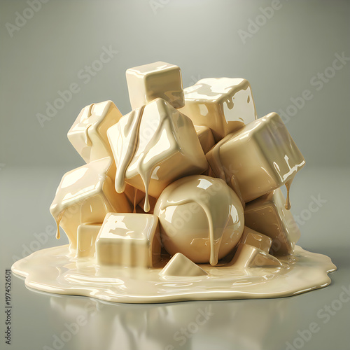 Creative melting caramel and toffee cubes forming a glossy dripping sculpture display