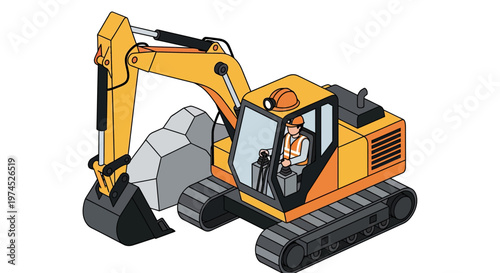 An isometric illustration of a yellow excavator with a driver in the cab, digging a large rock with its bucket.