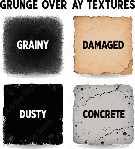 Create a realistic Different types texture for Overlay. Grunge stamps with grainy, damaged, spray, dusty, old, paper, concrete, spray effect. Grunge overlay texture perfect for photo. Vector art.