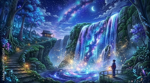Magical waterfall flowing with Milky Way water, stardust splashes, fantasy illustration.