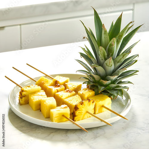 Fresh pineapple chunks on skewers with whole pineapple on a white plate