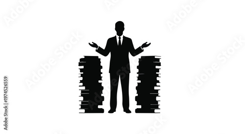 Silhouette of Businessman Overwhelmed by Large Stacks of Paperwork