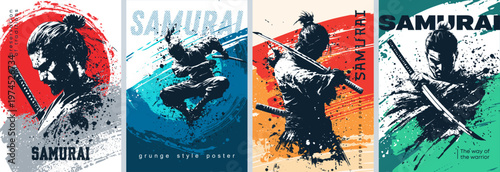 Set of posters dedicated to samurai in Grunge silhouette style