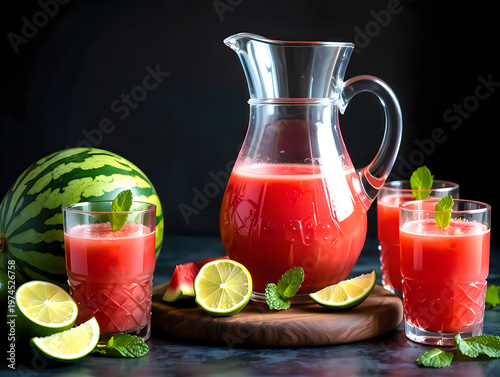 Refreshing homemade watermelon lime drink in pitcher and glasses on table