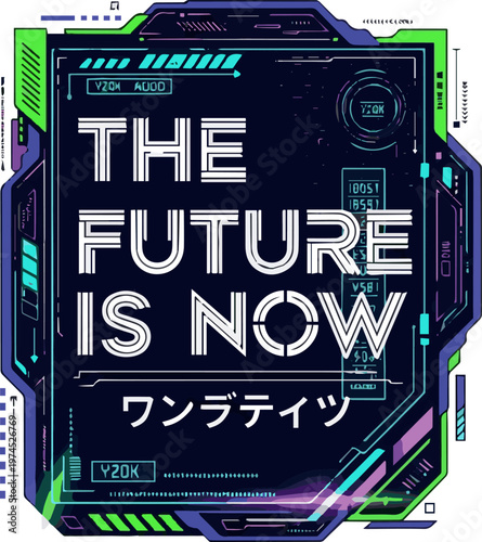Create a realistic Futuristic typeface graphic in sci-fi art style, lettering, HUD and y2k elements. Cyberpunk art graphic box for streetwear, t-shirt, typography, merch vector art.