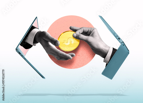 Konstfotografi Digital transaction concept with hands emerging from laptops exchanging a gold coin, symbolizing online payments, money transfer, finance and modern cashless operations