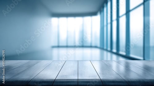 Modern Minimalist Interior with Bright Natural Light Highlighting a Wood Table in an Empty Room Ideal for Displaying Products or Artistic Creations