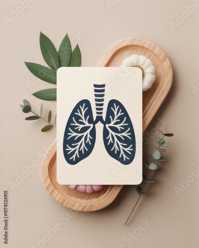Lungs anatomy icon on minimal card with leaves and wooden tray calm healthcare background