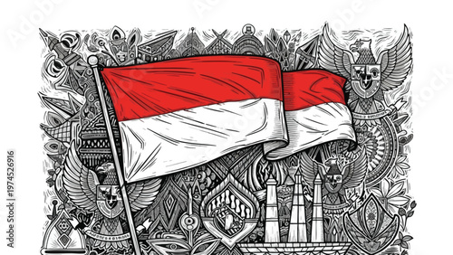Indonesian Flag with Traditional Batik and Cultural Symbols Illustration