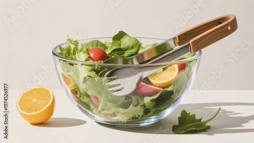 Fresh green salad with lemon and cherry tomatoes in glass bowl on light background healthy eating concept