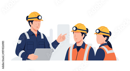 A supervisor in a hard hat and headlamp instructs two workers in safety vests and hard hats, holding a tablet.
