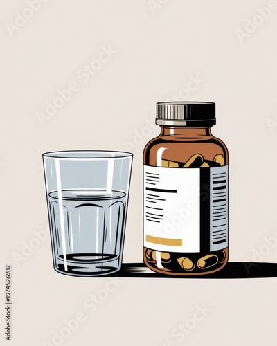 Medicine bottle with capsules and glass of water on neutral background healthcare routine concept
